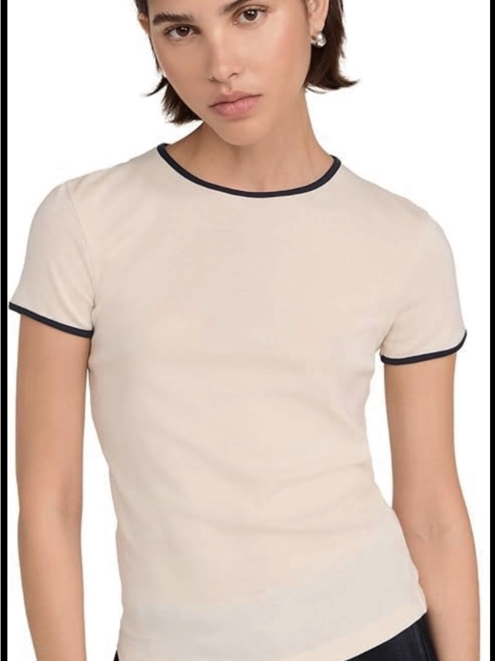 VINCE Tipped Short Sleeve Crewneck Tee in Cream with Navy Trim